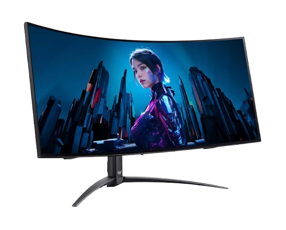 Monitor curvo con una mujer en un paisaje urbano futurista. Soporte negro, fondo oscuro.
