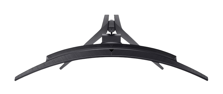 Un soporte negro curvo para monitor de juegos. La base es ancha y soporta el monitor.