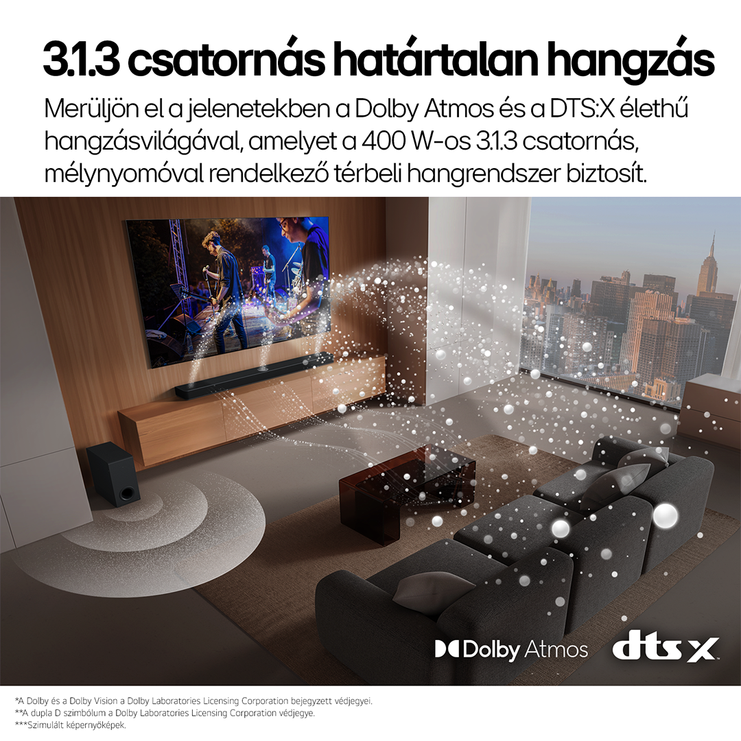 Nappali TV-vel, soundbarral és kilátással a városra. Kanapé és dohányzóasztal a képen. Dolby Atmos és DTS:X logók.