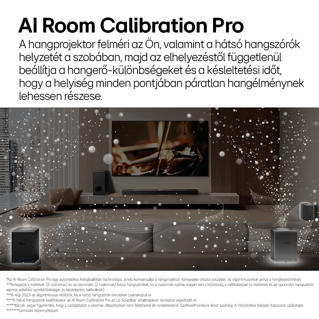Nappali TV-vel, soundbarral és hangszórókkal, az LG AI Room Calibration Pro funkcióját mutatja be.