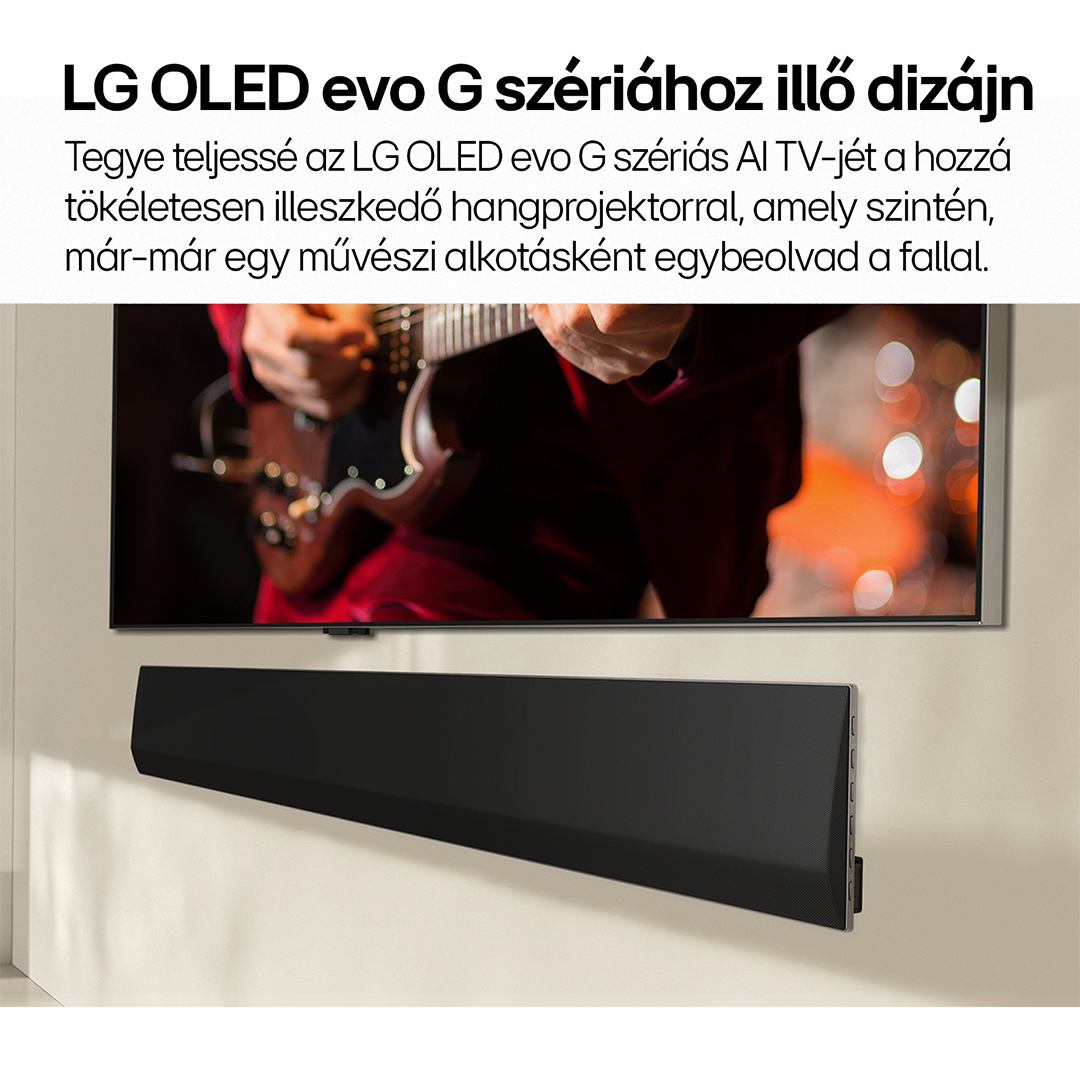Nappali TV-vel és fekete soundbarral, az LG OLED evo G sorozat soundbar dizájnját mutatja be.