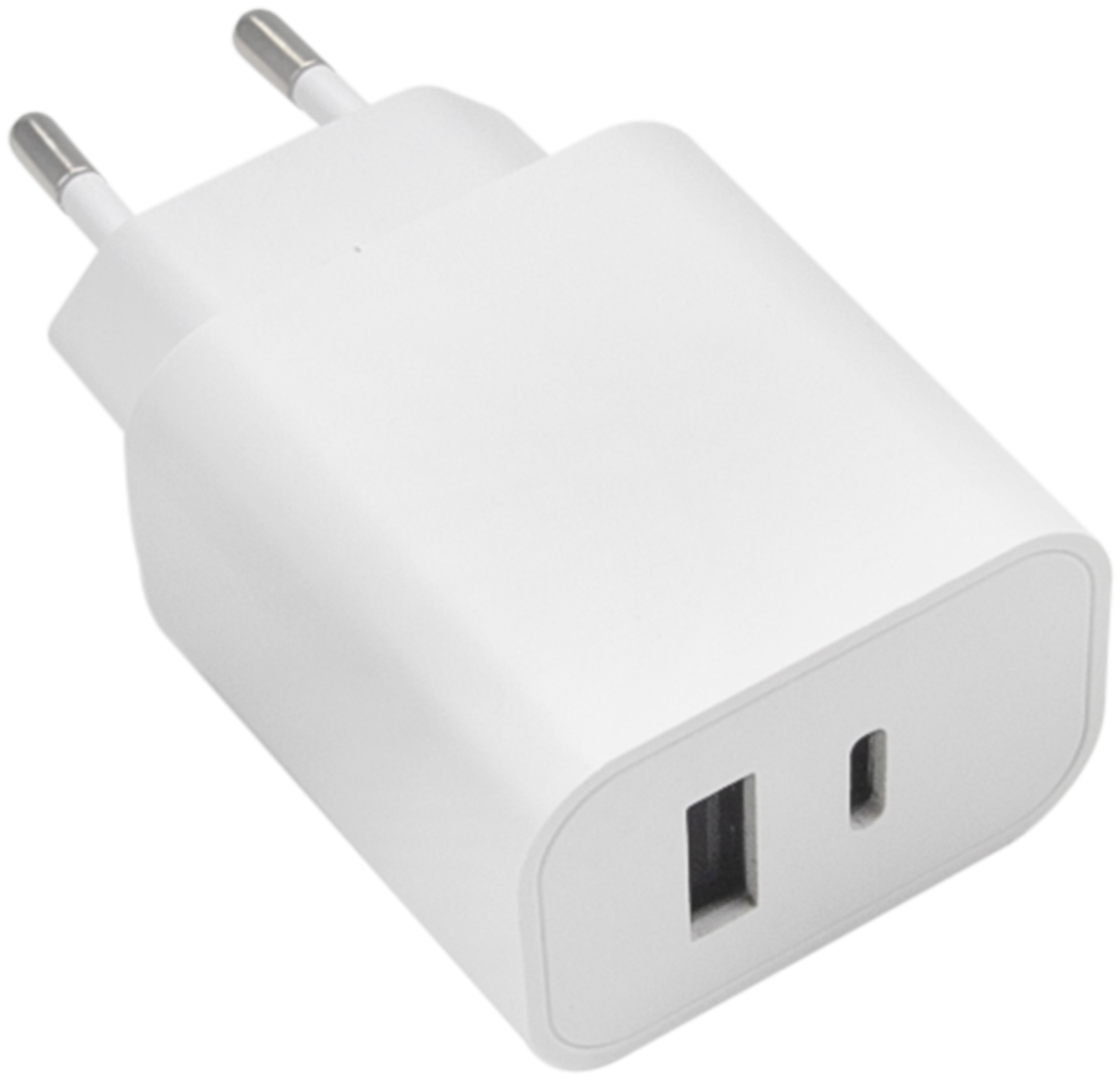 Fehér fali töltő két csatlakozóval és két USB-porttal.