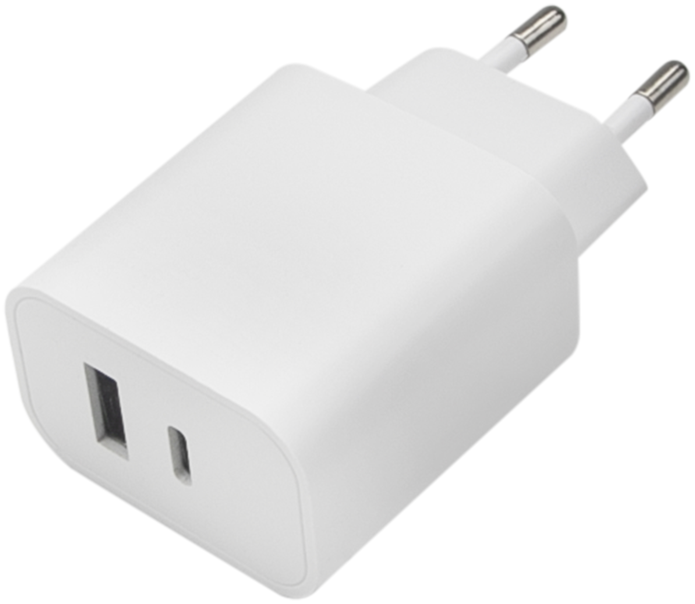Fehér töltő két csatlakozóval és USB porttal, szögletes nézet, fekete háttéren.