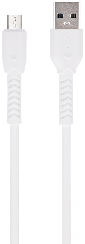 Fehér USB kábel mikro és standard USB csatlakozókkal, fekete háttér előtt.