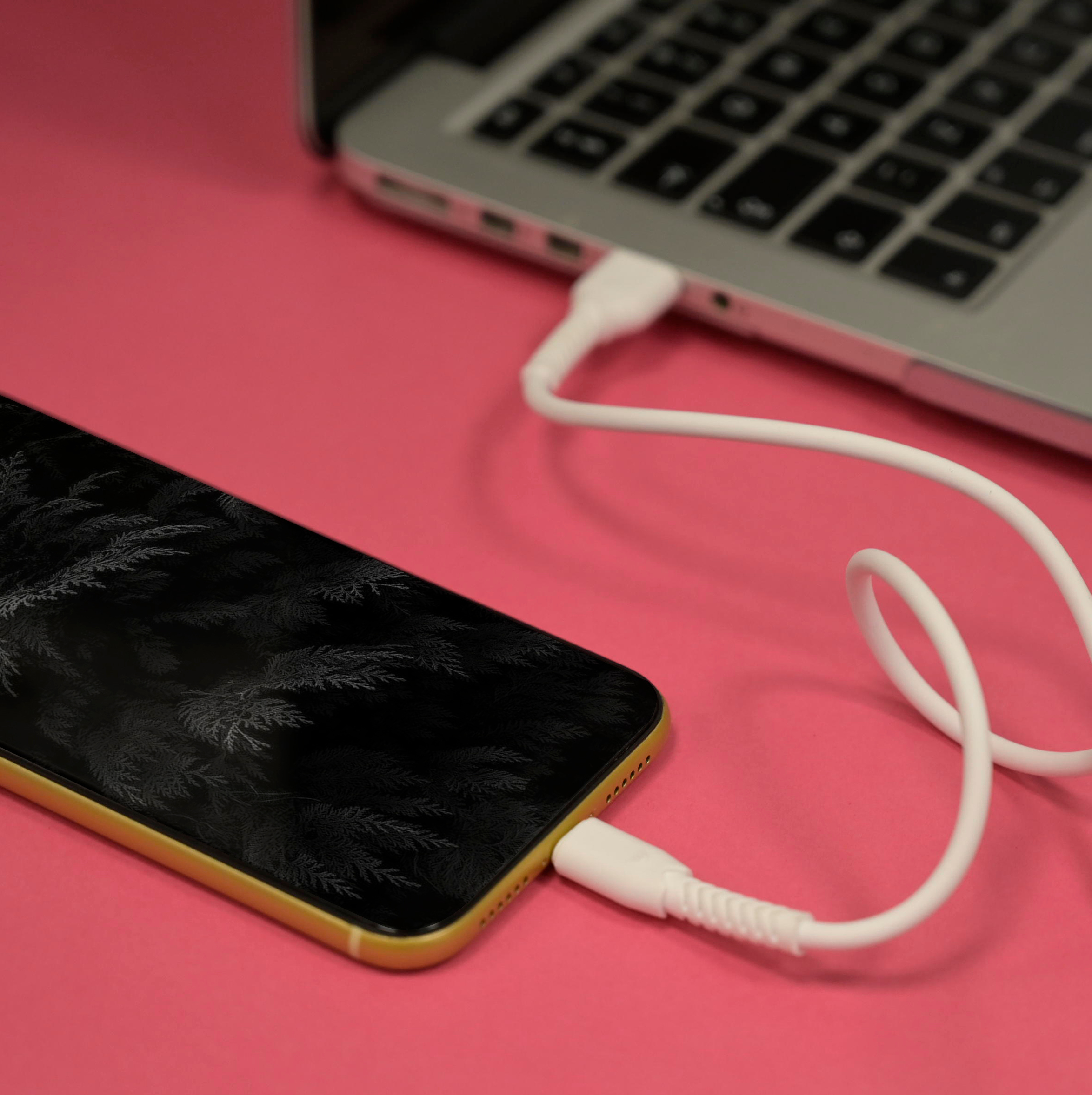 Egy telefon egy laptophoz van csatlakoztatva egy fehér kábellel rózsaszín háttéren.