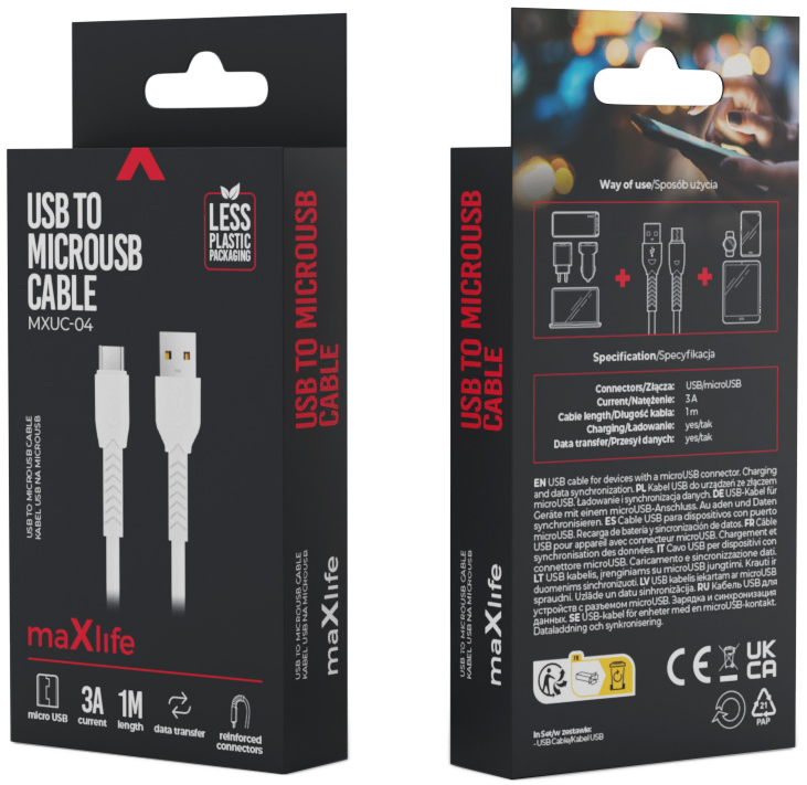 Egy doboz USB-MicroUSB kábelhez. A doboz fekete-fehér, szöveggel és márkajelzéssel.