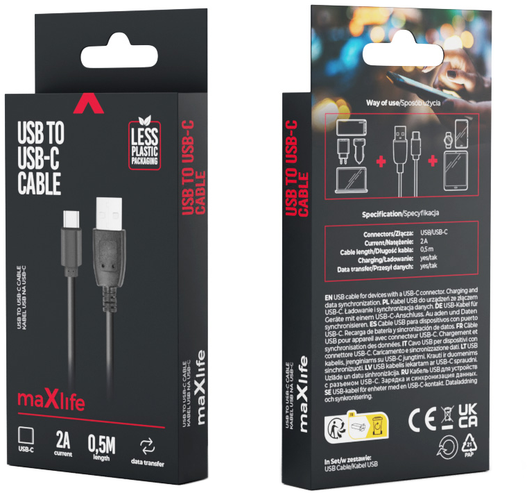 Kétoldalas doboz, amely egy USB-C kábelt mutat, piros maXlife logóval.