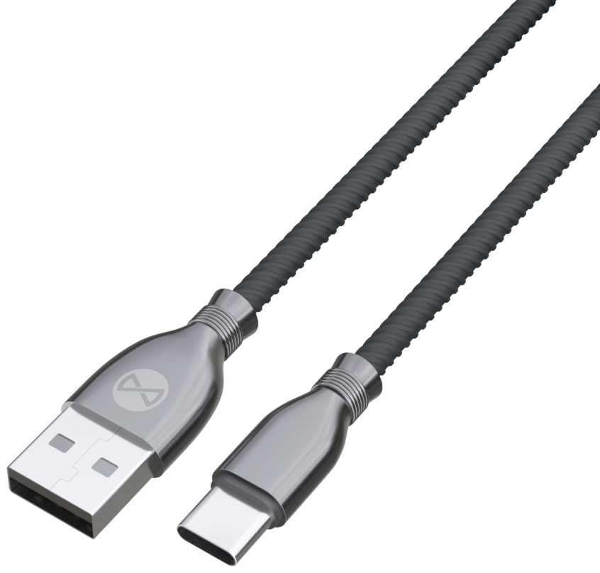 USB-C töltőkábel, fekete és ezüst, egyszerű fehér háttér előtt.