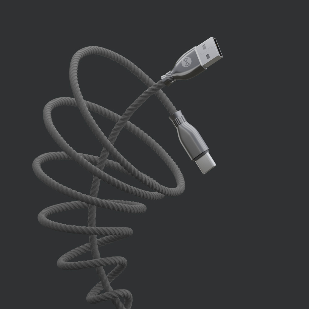Szürke USB-C-USB kábel. Spirál kialakítású, C típusú csatlakozóval és szabványos USB csatlakozóval.