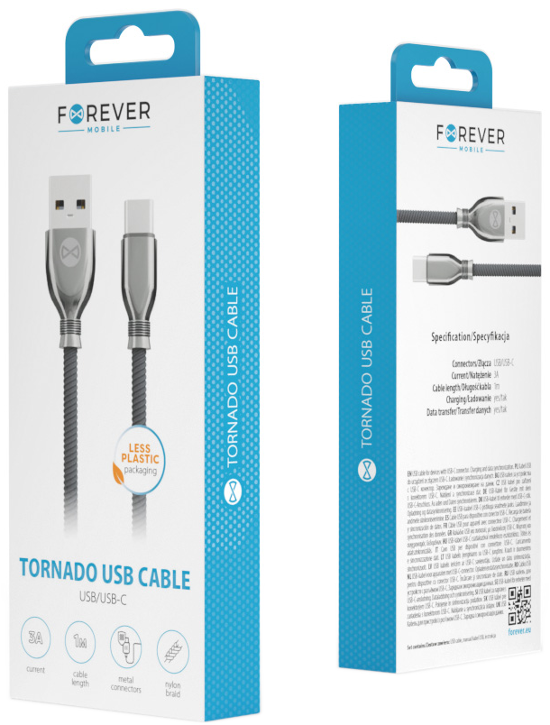 USB kábel csomagolása. A doboz kék és fehér, termékinformációkkal.
