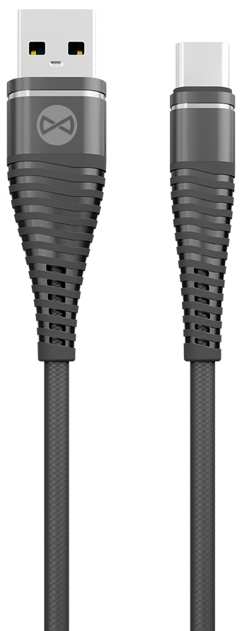 Fekete-szürke USB kábel, USB-A csatlakozóval az egyik, USB-C csatlakozóval a másik végén.