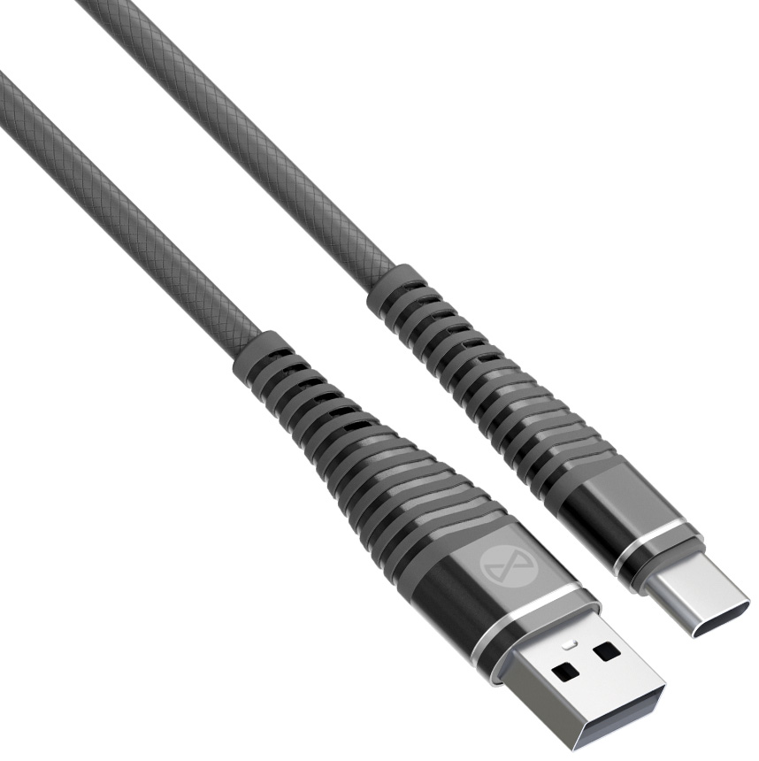Fekete USB-USB-C kábel. A kábel sötétszürke, fémes szürke csatlakozóval. Fehér háttér.