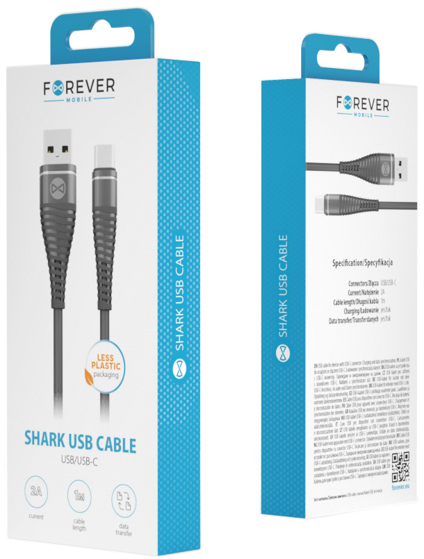 Egy USB kábel két részből álló csomagolása, amely a termék részleteit és a márka információit mutatja.