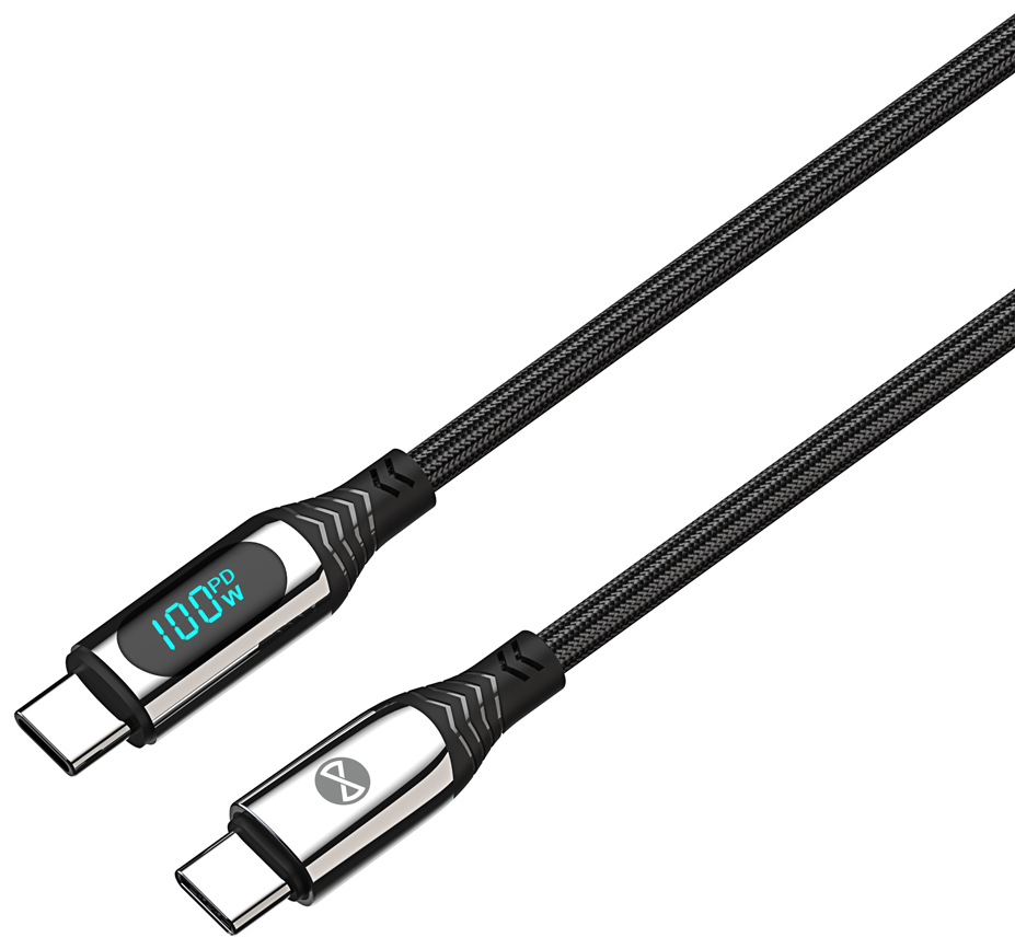 Fekete-ezüst USB-C kábel, a csatlakozón teljesítménykijelzővel. Fonott kábeles kivitel.