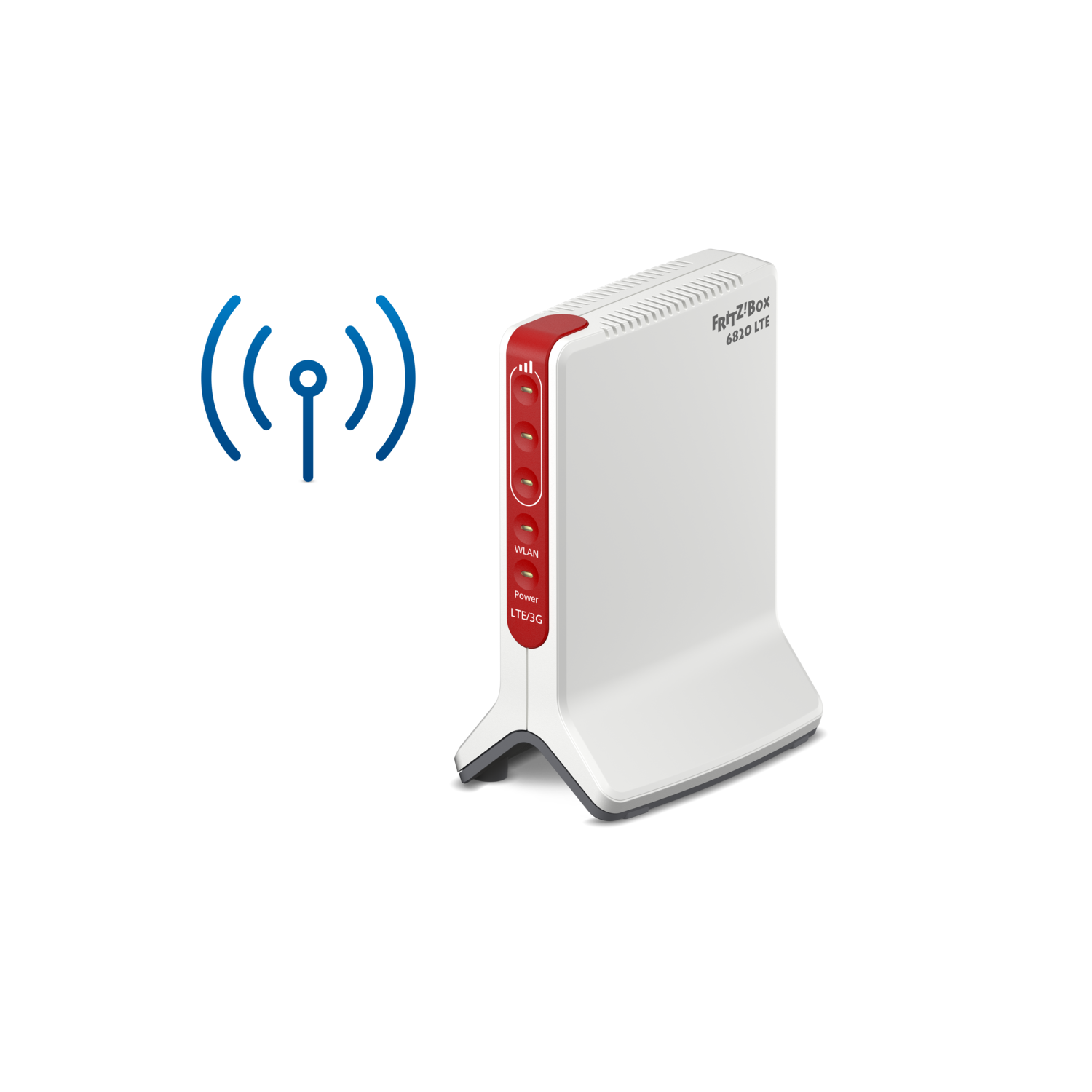 Een witte router met rode knoppen en een blauw WiFi-symbool op een zwarte achtergrond.