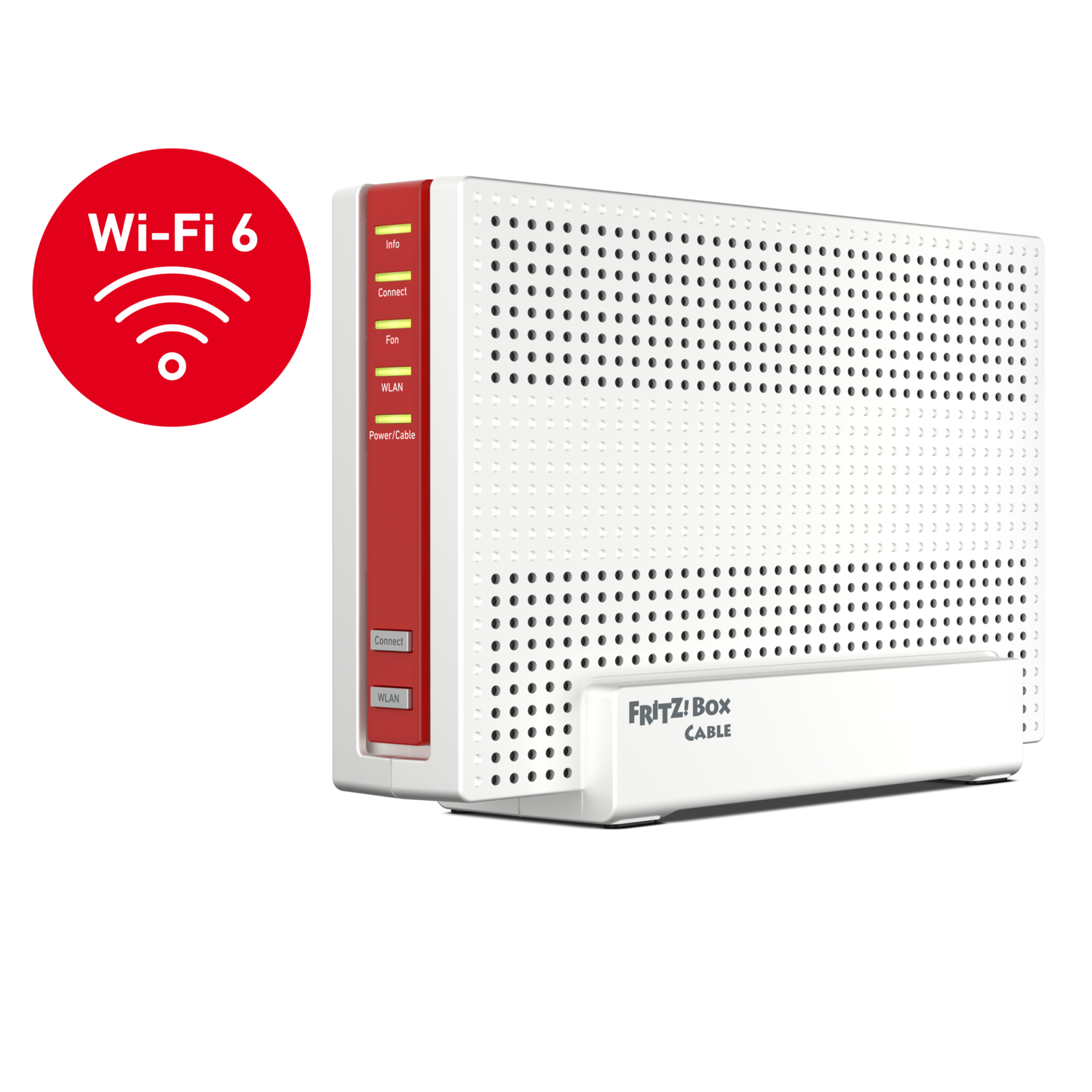 Routeur câble Fritz!Box blanc et rouge. Le routeur est à côté d'un symbole Wi-Fi 6.