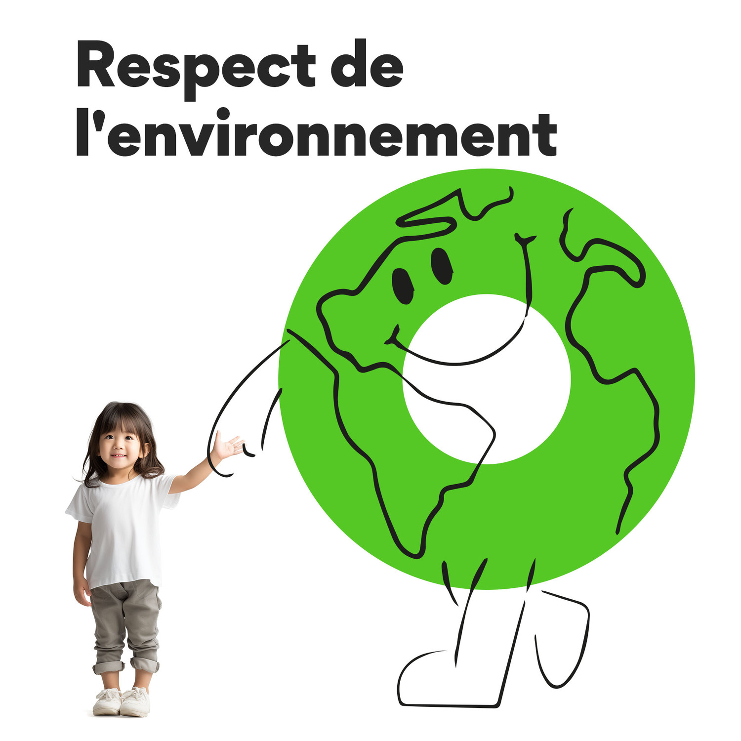 Enfant et un dessin animé de la Terre verte avec le texte : Respect de l'environnement.