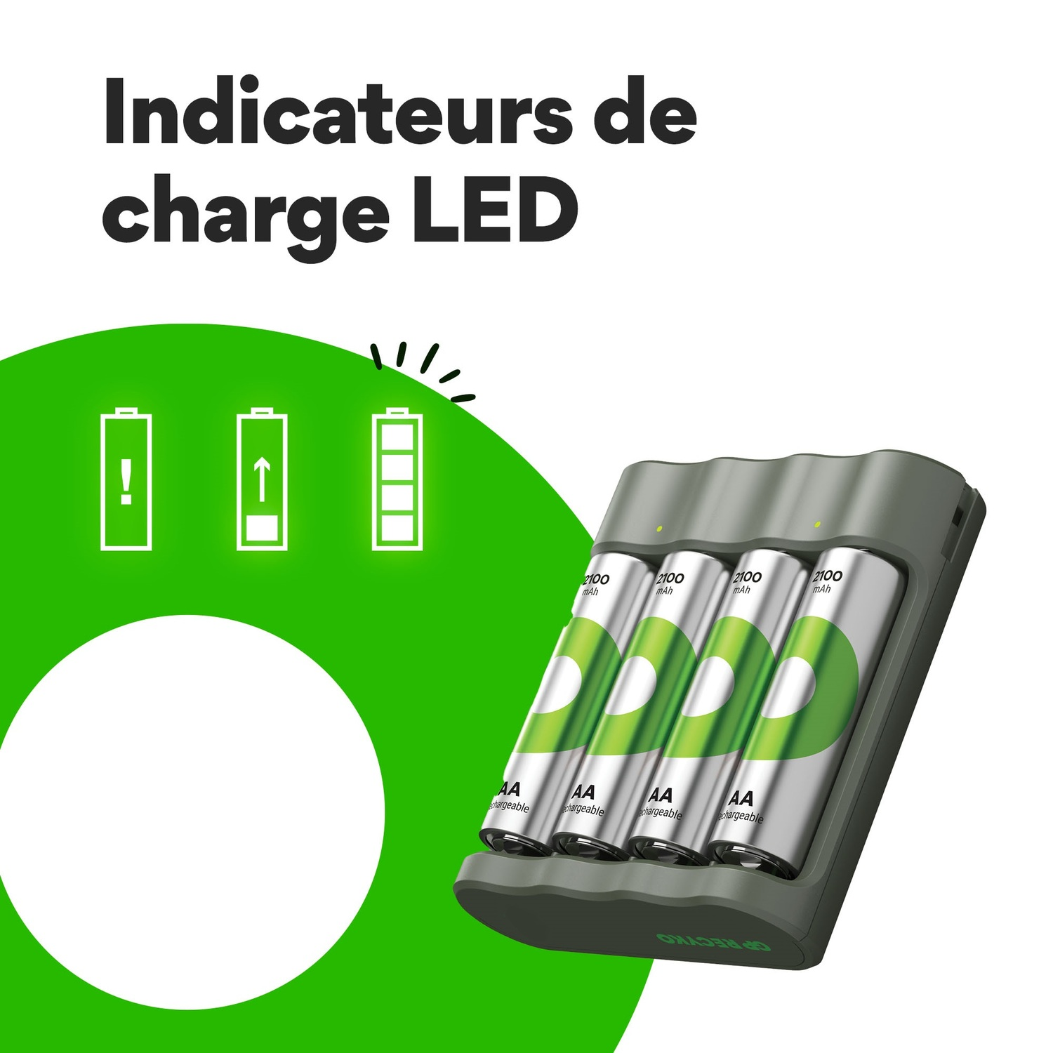 Chargeur de batterie avec 4 piles AA, accents verts. Indicateurs de charge LED.