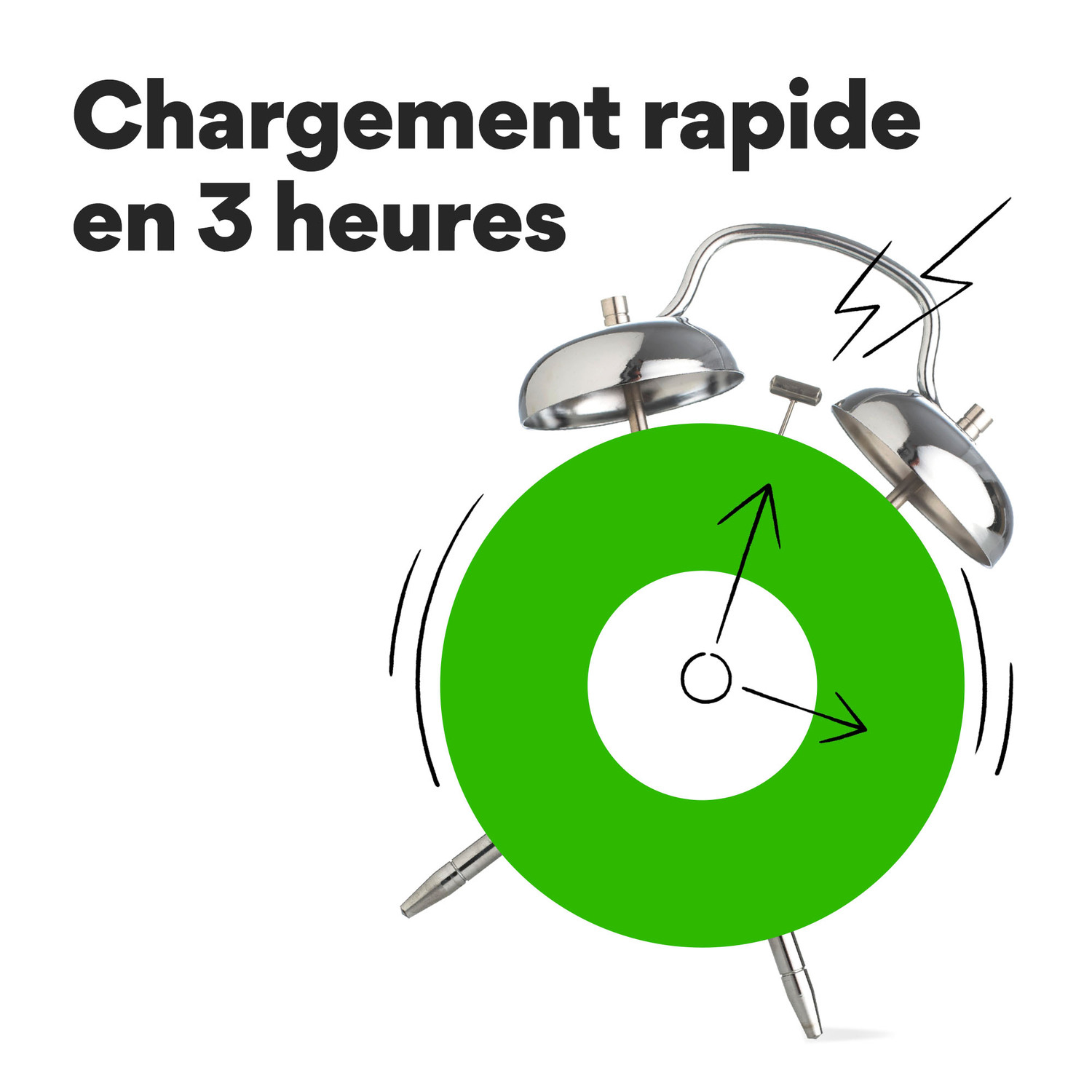 Réveil avec cadran vert, deux aiguilles noires. Texte: Charge rapide en 3 heures.