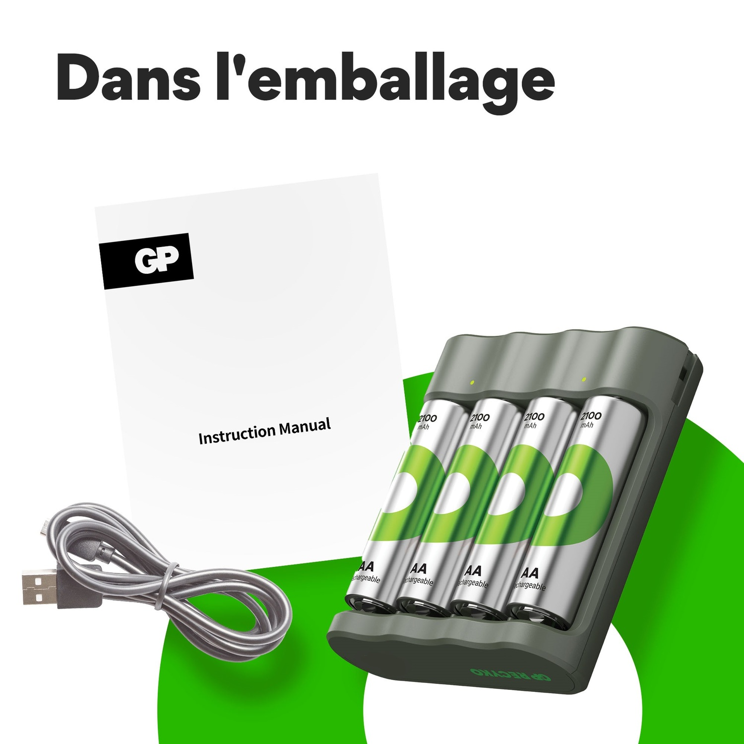 Contenu du paquet : Manuel d'instructions, câble USB et chargeur avec quatre piles AA.