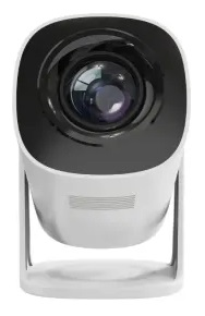 Biały projektor z czarnym wierzchem, pochylony, aby pokazać obiektyw i otwory wentylacyjne.