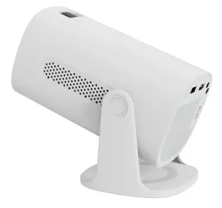 Biały cylindryczny projektor ze stojakiem. Widok pod kątem.