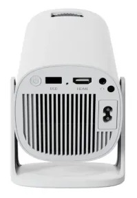 Biały projektor z portami i podstawą, ujęcie z kąta.