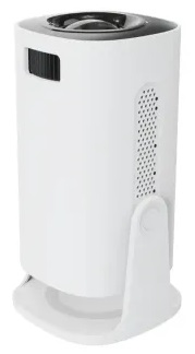 Białe cylindryczne urządzenie z czarnym wierzchem i białą podstawą. Widok z boku.