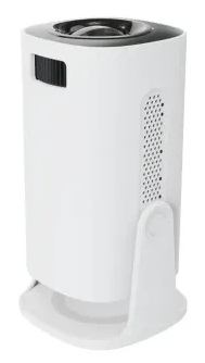 Biały cylindryczny oczyszczacz powietrza z czarnym wierzchem, otworem wentylacyjnym i zakrzywioną podstawą.