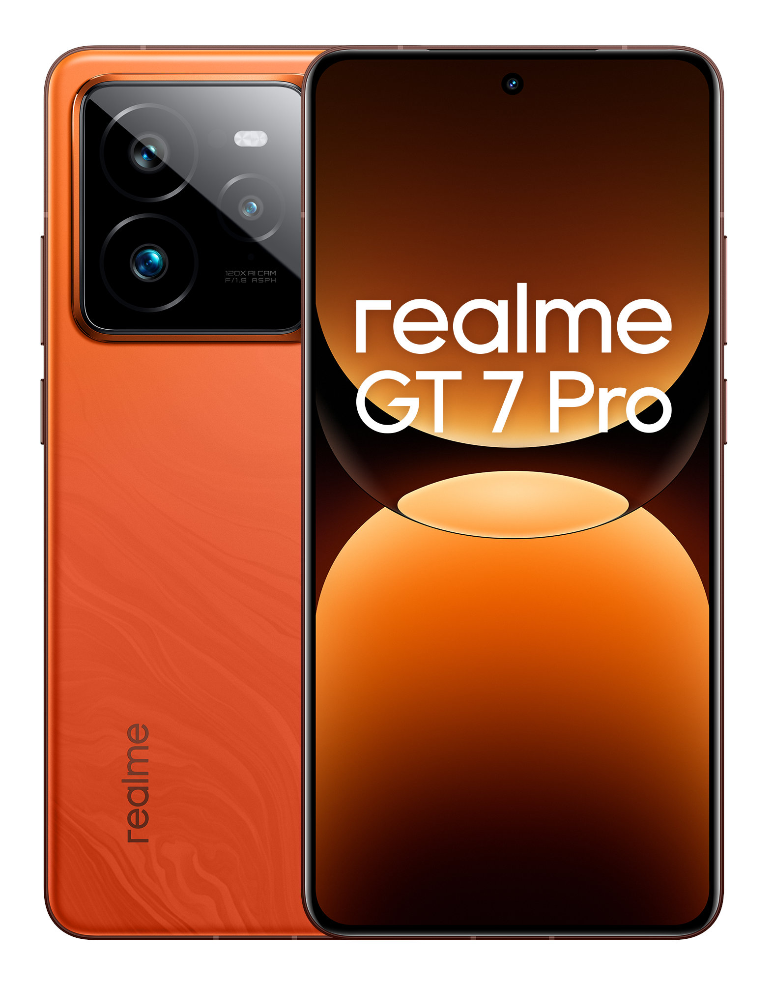 Pomarańczowy smartfon Realme GT 7 Pro, z zestawem kamer i ekranem.