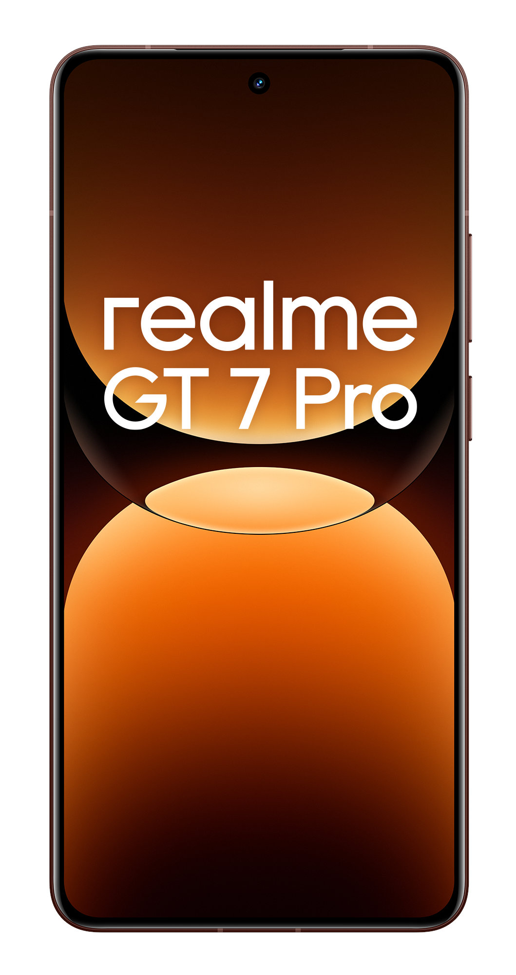 Czarny i pomarańczowy telefon Realme GT 7 Pro wyświetla nazwę telefonu. Ma aparat u góry.