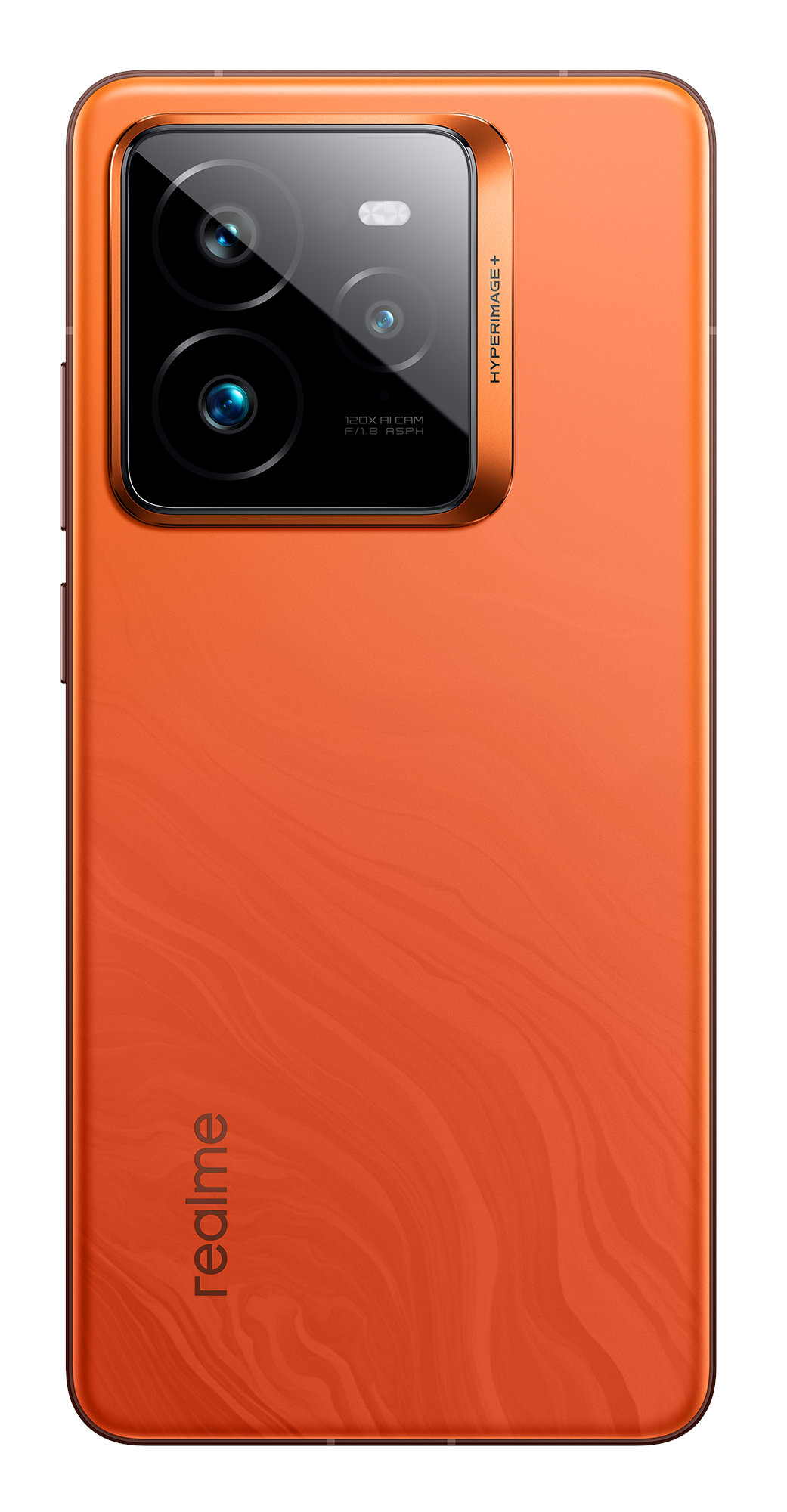 Pomarańczowy tył smartfona, z wieloma aparatami. Logo Realme na dole.