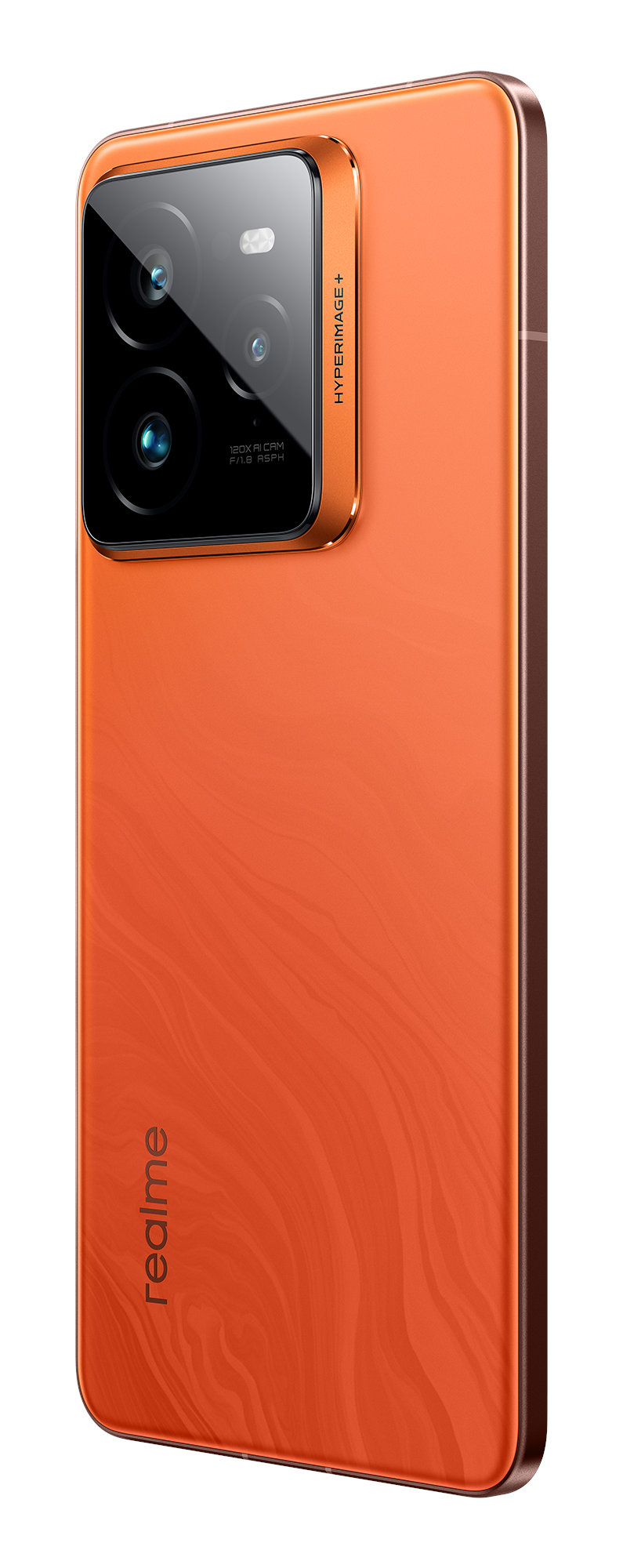 Pomarańczowy smartfon z trzema tylnymi aparatami, złotą obwódką i napisem 'realme'.