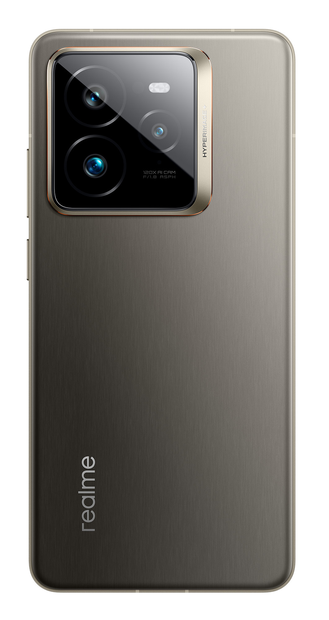 Tył brązowego smartfona z obiektywami aparatu i logo Realme.