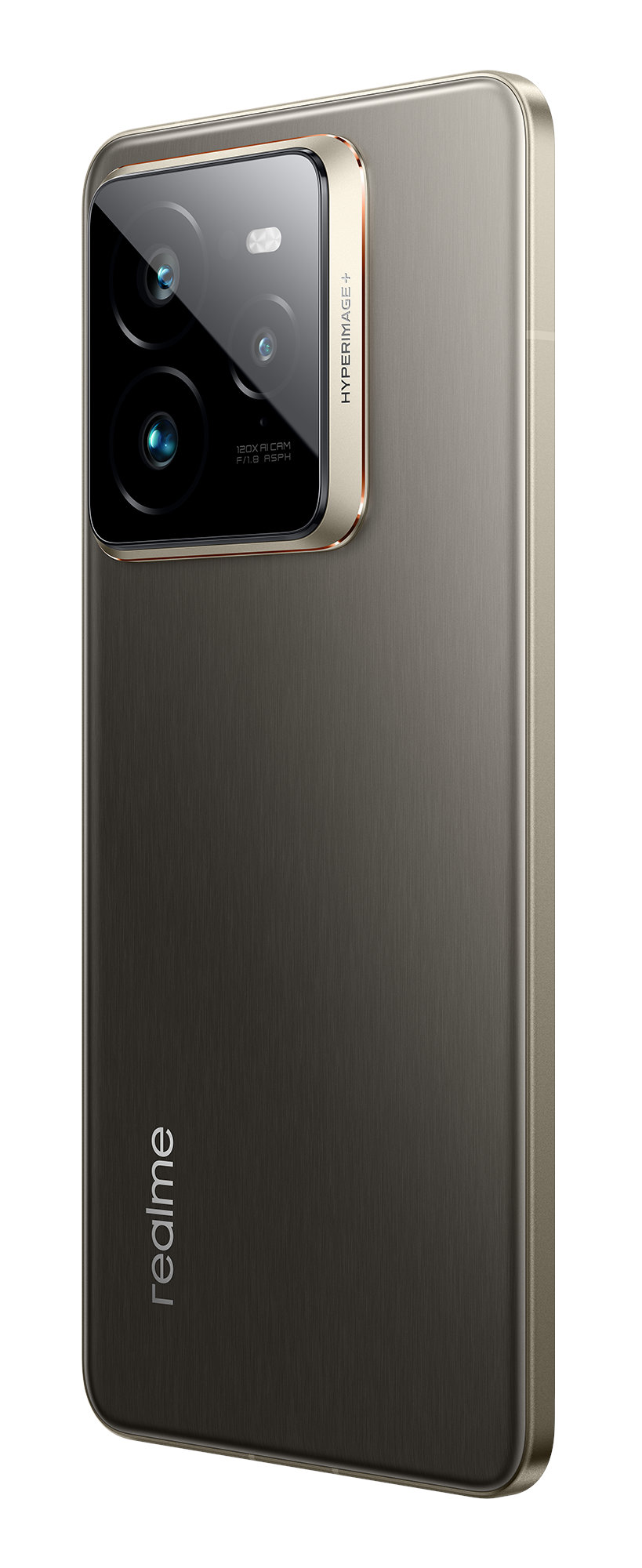 Szary smartfon z trzema aparatami pokazany z boku. Widoczne jest logo Realme.