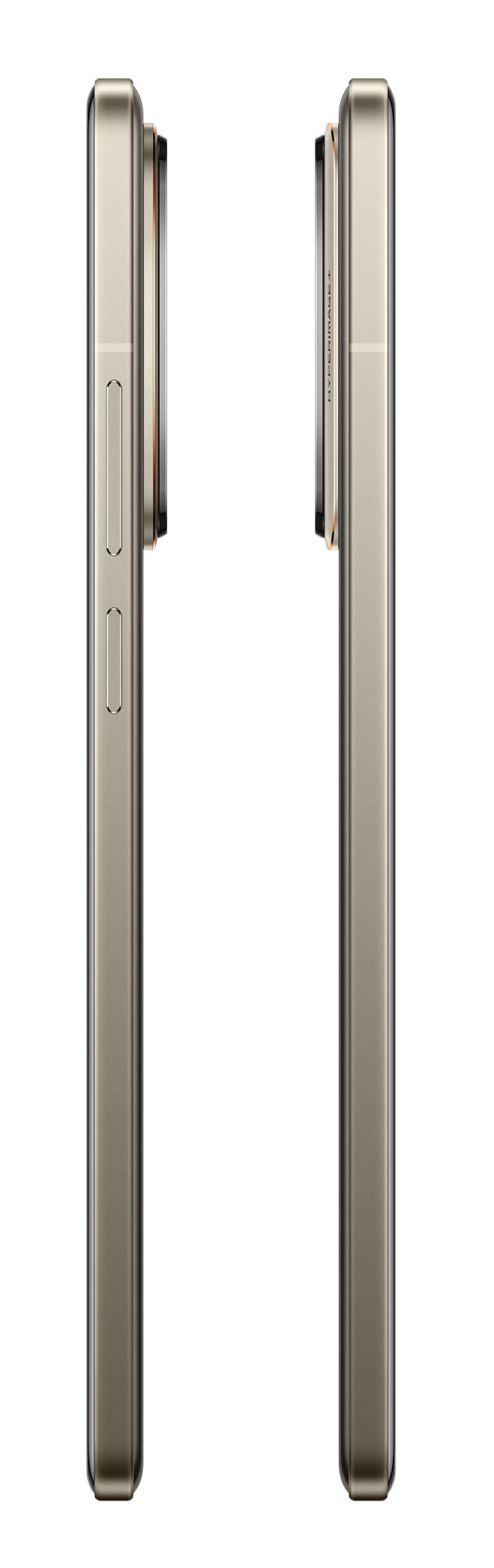 Dwa telefony, widok z boku, w kolorze złotym. Umieszczone na białym tle.