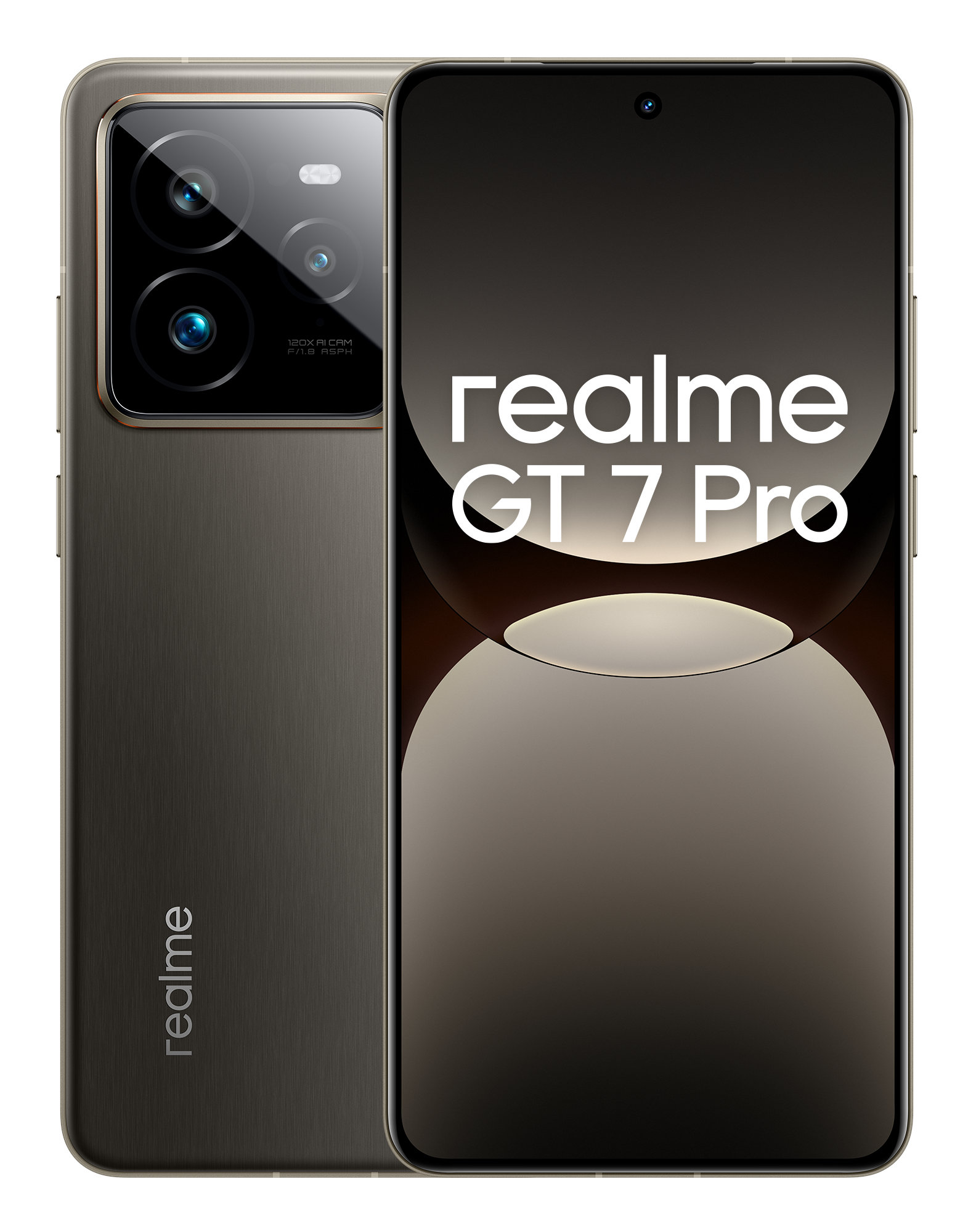 Smartfon Realme GT 7 Pro, widok pod kątem. Tył z aparatami, przód z ekranem.