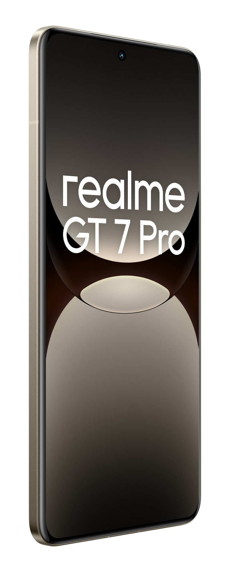 Realme GT 7 Pro, smartfon w widoku z profilu. Ekran z białym tekstem.
