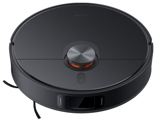 Czarny robot odkurzający ze srebrnym przyciskiem i pomarańczowym detalem.