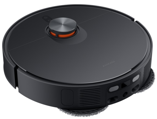 Czarny robot odkurzający z góry.