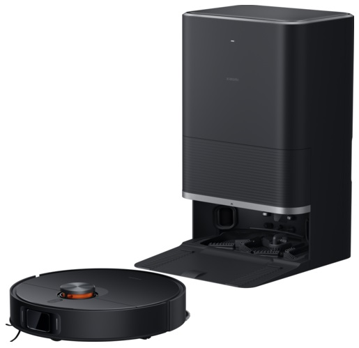 Czarny odkurzacz robot i stacja ładująca. Nowoczesny design, czarny kolor.