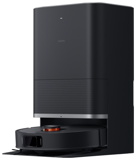 Czarny robot odkurzający ze stacją ładującą. Odkurzacz jest okrągły, stacja wysoka i kanciasta.