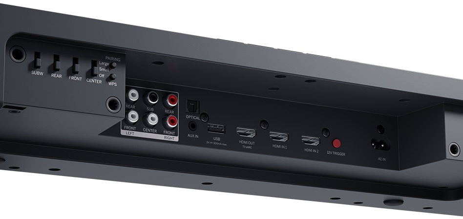 Tył listwy dźwiękowej pokazujący porty. Zawiera porty dla tylnych, Sub, AUX, HDMI i zasilania.