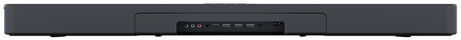 Czarny soundbar, widok z tyłu pokazujący porty wejściowe. Białe tło.