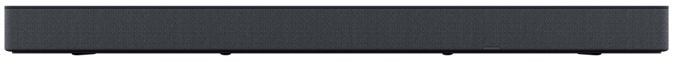 Czarny soundbar, prostokątny kształt, z siateczkową teksturą z przodu.