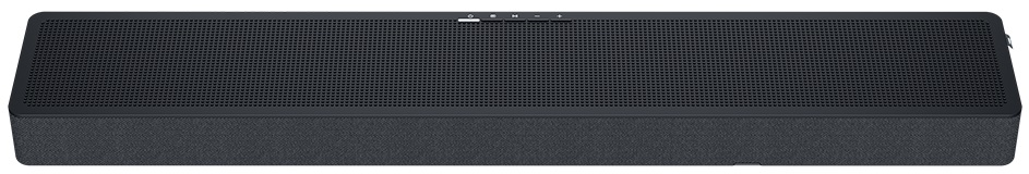 Czarny soundbar z perforowanym przodem i szarą podstawą z tkaniny na białym tle.