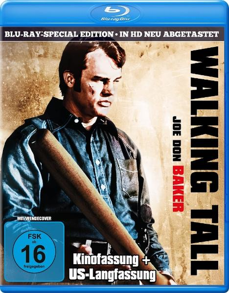 Eine blaue Blu-ray-Hülle mit dem Titel "WALKING TALL" und einem Mann mit Baseballschläger.