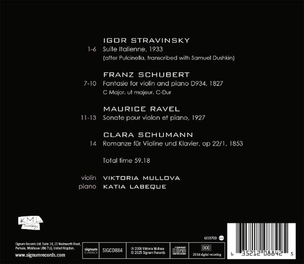 Rückseite einer CD mit Text, der Songs von Igor Strawinsky, Franz Schubert und anderen auflistet.