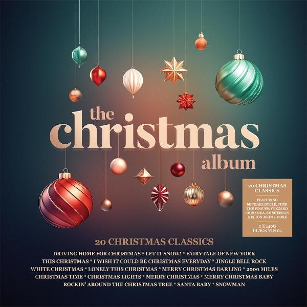 Weihnachtsalbumcover mit hängenden Ornamenten und Text, mit 20 Weihnachtsklassikern.