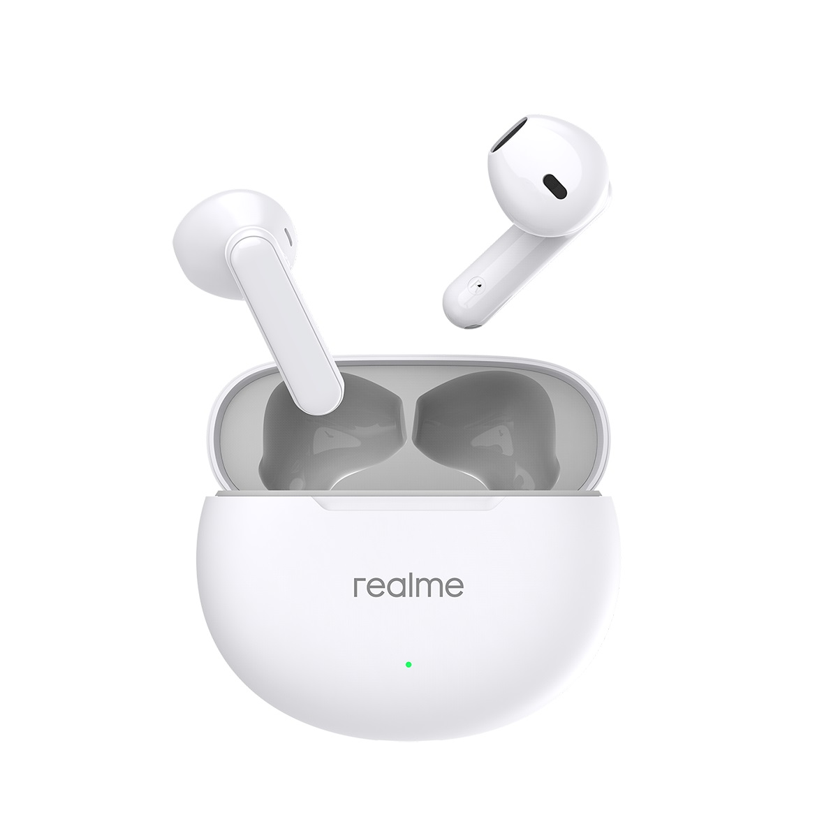 Beyaz Realme kulaklıklar, biri kutuda, ikisi dışarıda. Kutuda Realme logosu.